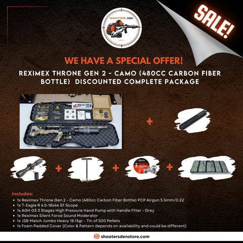 Reximex Throne Gen 2 - Camo (480cc Carbon Fiber Bottle) PCP Airgun 5.5mm/0.22 Discounted Package