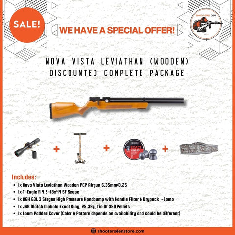 Nova Vista Leviathan Wooden PCP Airgun 6.35mm/0.25 Discounted Complete Package