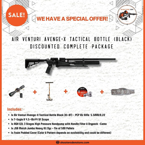 Air Venturi Avenge-X Tactical X1-BT Bottle Black PCP Airgun 5.5mm/0.22 Discounted Complete Package