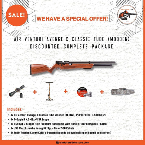 Air Venturi Avenge-X Classic X1-AW Tube Wooden PCP Airgun 5.5mm/0.22 Discounted Complete Package