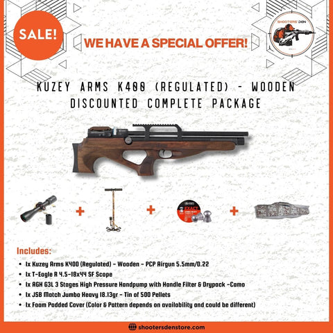 Kuzey Arms K400 (Regulated) Wooden PCP Airgun 5.5mm/0.22 Discounted Complete Package