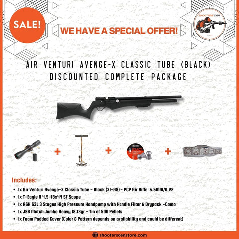Air Venturi Avenge-X Classic X1-AS Tube Black PCP Airgun 5.5mm/0.22 Discounted Complete Package
