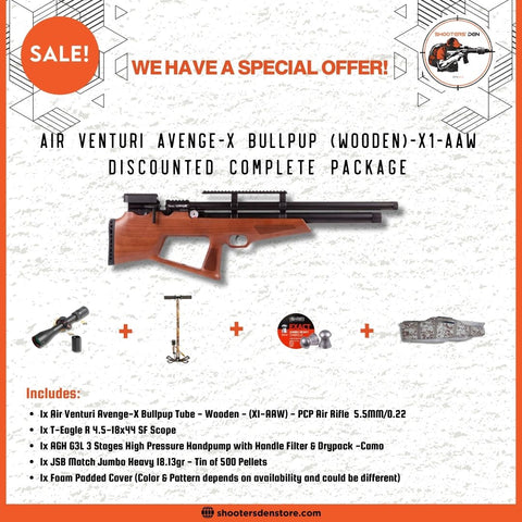 Air Venturi Avenge-X Bullpup X1-AAW Tube Wood PCP Airgun 5.5mm/0.22 Discounted Complete Package