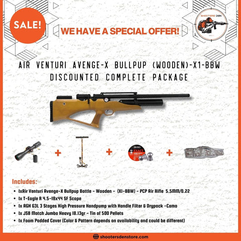 Air Venturi Avenge-X Bullpup X1-BBW Bottle Wood PCP Airgun 5.5mm/0.22 Discounted Complete Package