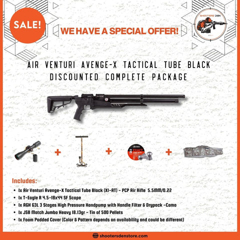 Air Venturi Avenge-X Tactical X1-AT Tube Black PCP Airgun 5.5mm/0.22 Discounted Complete Package
