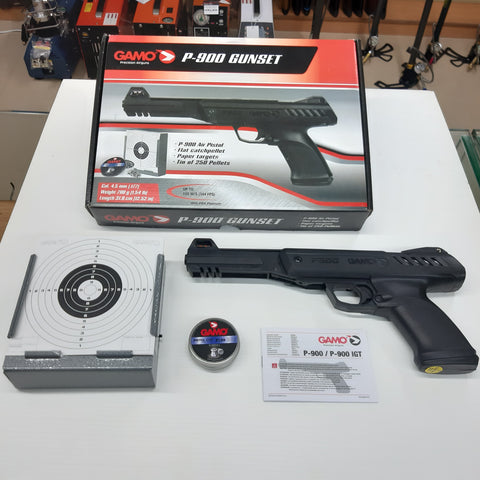 Gamo P900 Gunset Spring Air Pistol 4.5mm/0.177 with Pellet Trap, Targets & tin of 250 Pellets