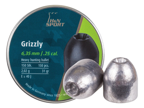 H&N Grizzly Pellets, .25 Cal, 31 Grains, Hollowpoint, 150ct